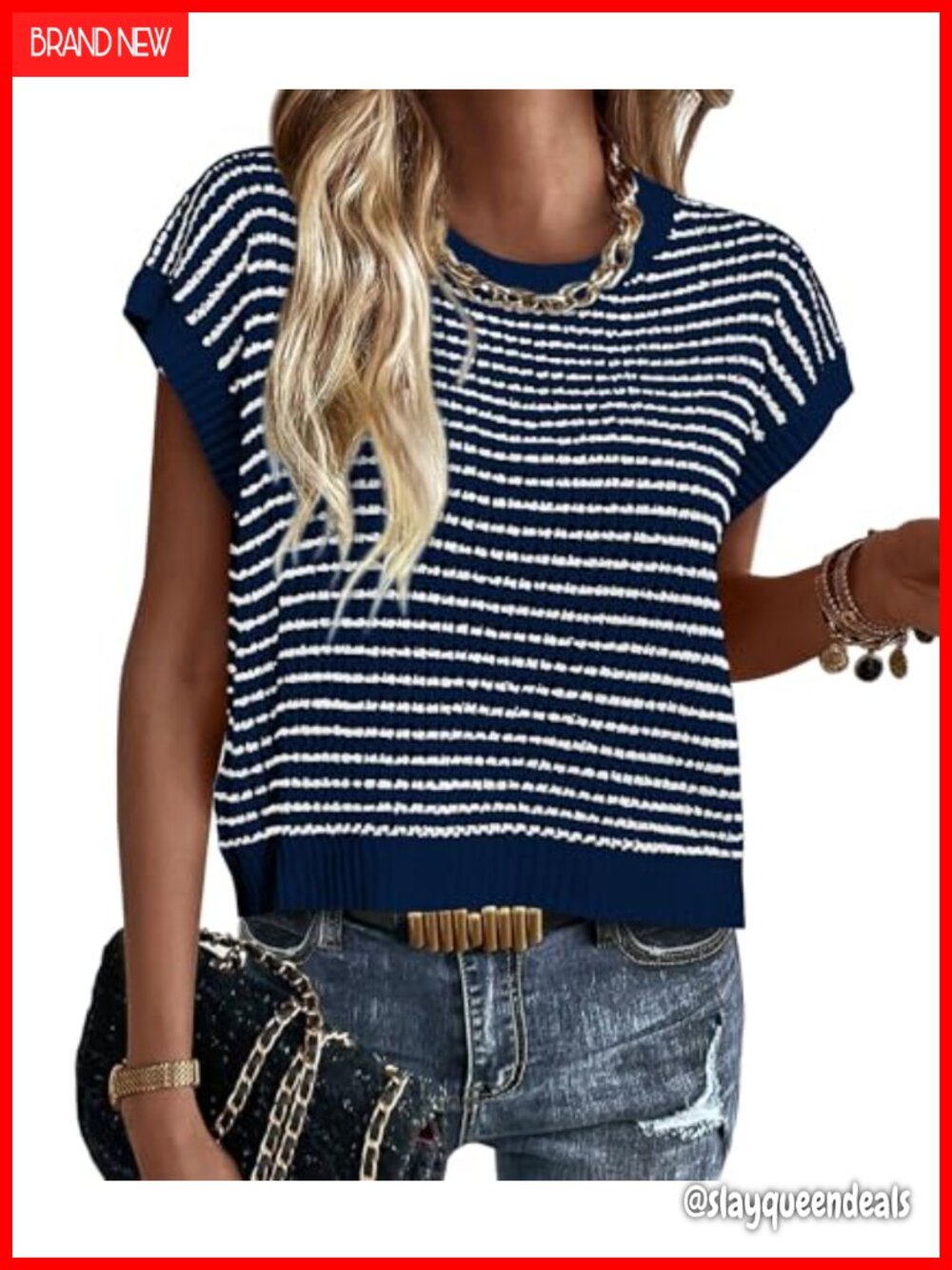 Striped Short Sleeve Sweater Vest Cap Sleeve Knit Pullover Layering Top